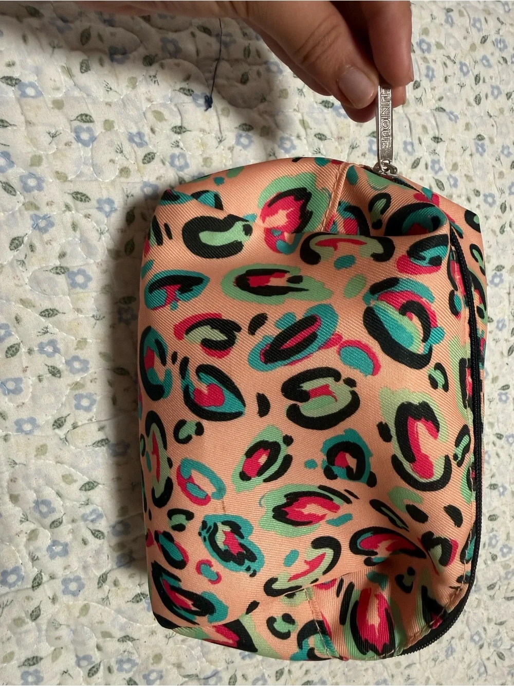 Clinique Peach Leopard Print Cosmetic Bag with Teal Pink Accents